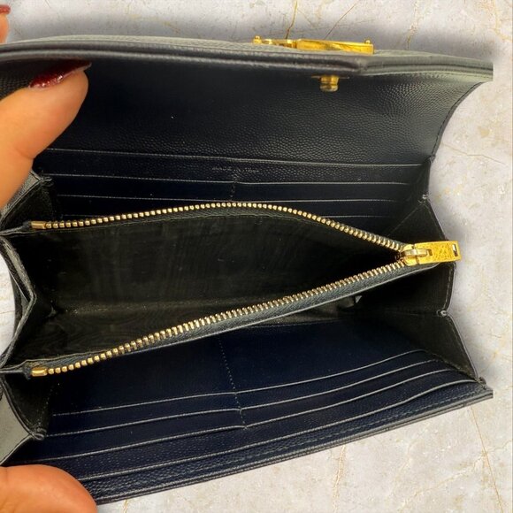 YSL Navy Monogram Flap Wallet in Grained Leather - Picture 8 of 9